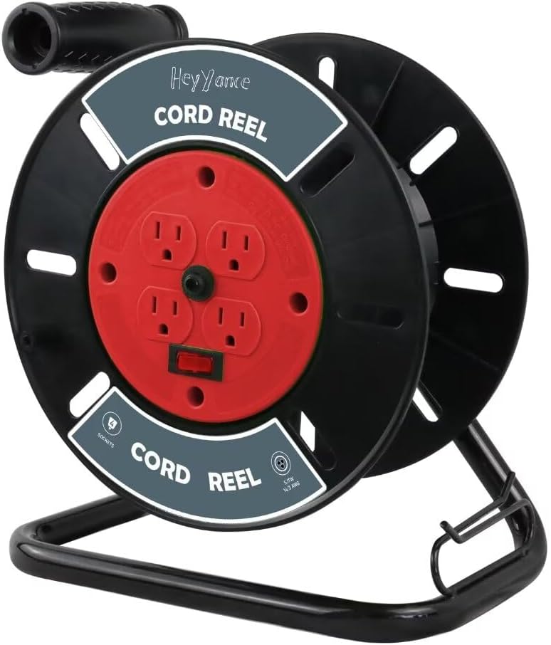 Carrete de almacenamiento de cable de extensión con 4 tomas de tierra, carrete de cable abierto resistente para cables de alimentación de 12/3, 14/3, 16/3, soporte de rodillo de cable